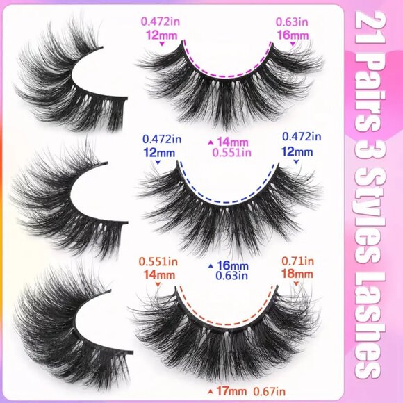 21 Pairs Natural Faux Mink False Eyelashes Fluffy Thick 3 Styles 5D Cat Eye - Picture 3 of 7